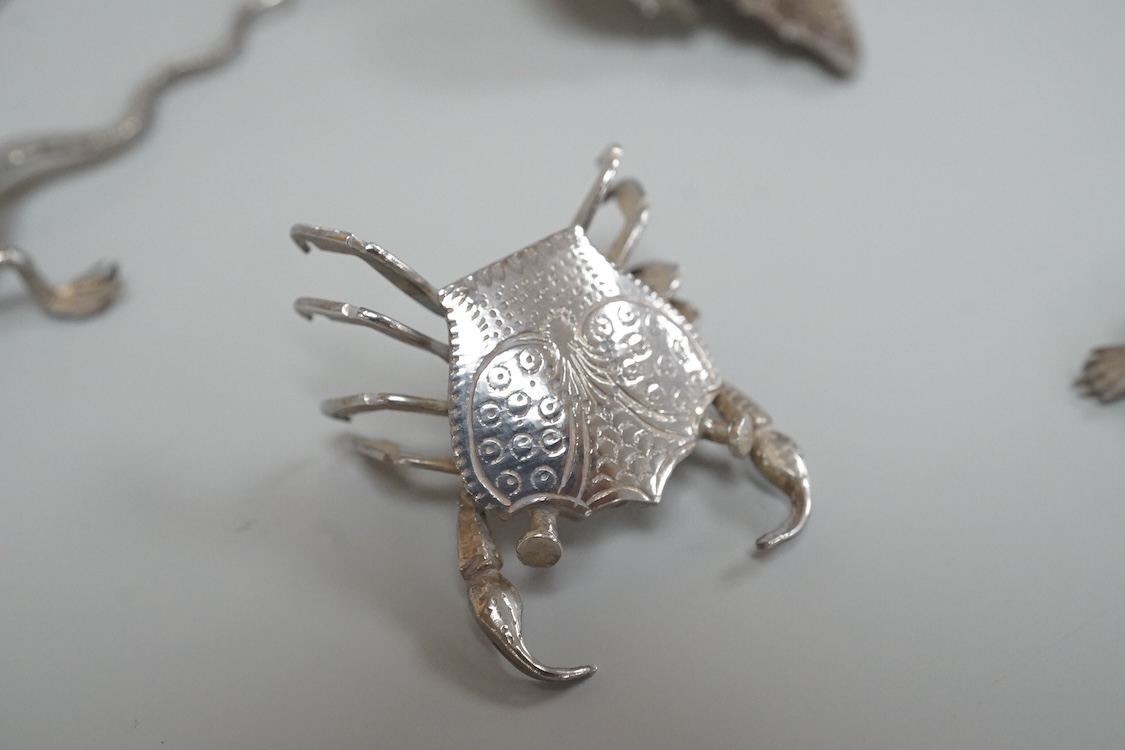 A group of nine assorted Indian white metal miniature model insects and reptiles, etc. including a King Cobra, scorpion, lizards, turtle, butterfly and crab etc.